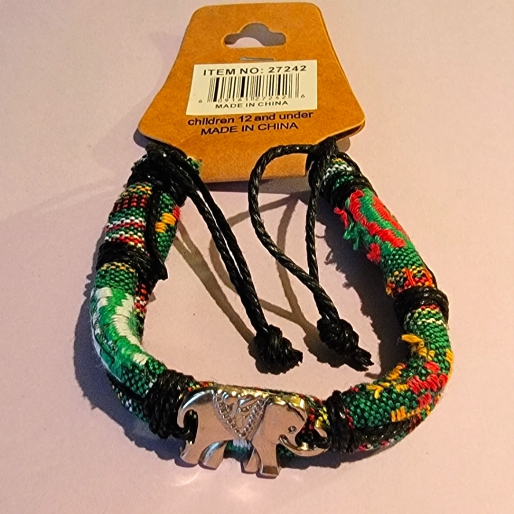 Leather Elephant Aztec Macrame Wrap Bracelet - Green Multicolor - Adjustable
